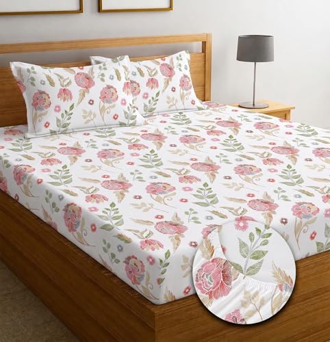 Image of IVAZA Ezyption Cotton Super Soft 240 TC Elastic Fitted All Around Elastic Printed King Size Double Bed Bedsheet with 2 Pillow Cover 72 inch X 78 inch3 White Green
