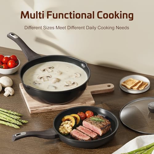 Image of Nonstick Cookware Set, Titanium Coating Pan Set, Induction Cookware Oven Safe RV Kitchen Set, PFAS PFOA & PTFE Free, (8+11Inch with Lid)