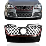 PartsFlow Main Front Upper Grill Gloss Black W/Red Trim Hex Mesh Grille Compatible With VW Volkswagen GTI Jetta 2006 2007 2008 2009