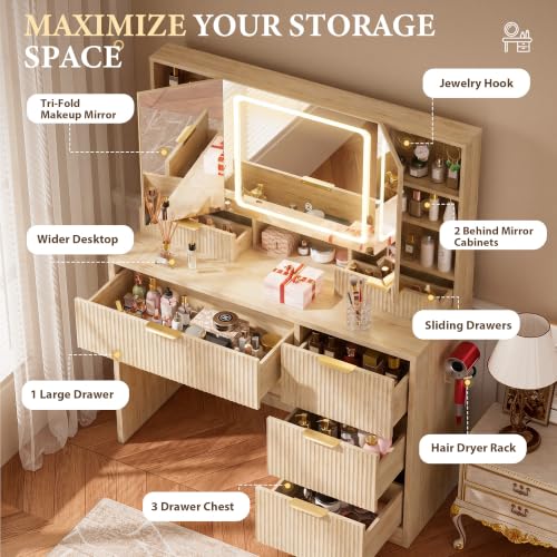 Image of COMHOMA Vanity Desk with 3-Way Mirror and Lights, Makeup Vanity with 360 View Mirror, 3 Lighting Modes, 6 Drawers,Storage Cabinet Fluted Wood Vanity Table with Jewelry Hook for Women Girls