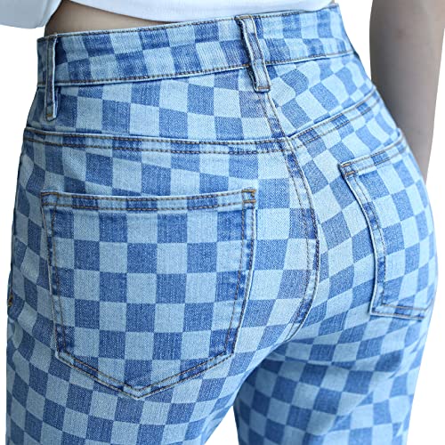 Girl's Juniors High Rise Flare Jeans Checkered Jeans Print Denim Pants Blue Xl #TOP3