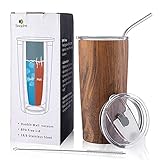 Tumbler with Lid and Straw 20oz Stainless Steel Insulated Double Wall Travel Coffee Mug Power Coated Thermal Cup for Men and Women Wood Grain