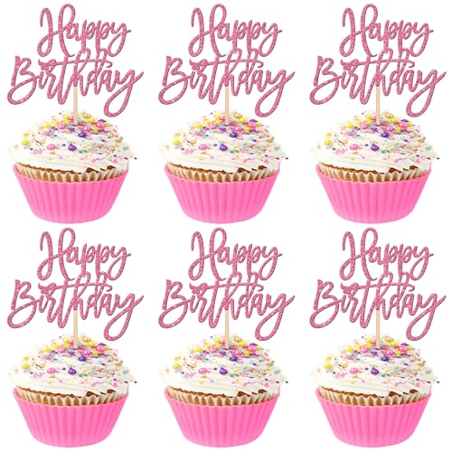 24 PCS Glitter Cupcake Toppers - Happy Birthday & Anniversary Picks - Pink