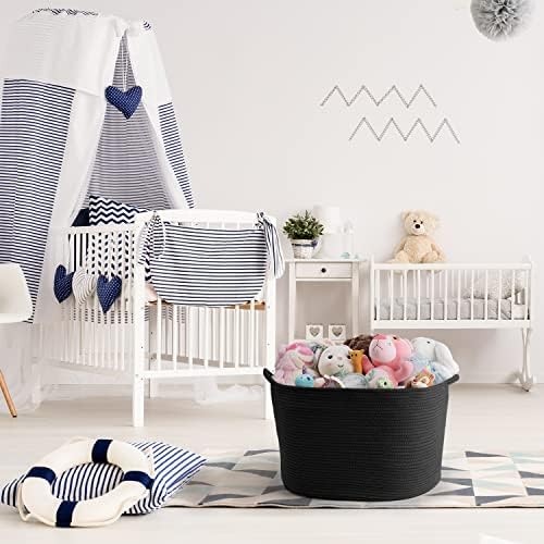Maliton Cotton Rope Basket for Storage, Blanket Basket Living Room, Extra Large Woven Basket with Pockets, 20" x 13" Nursery Laundry Basket with Handles, Toy Storage Basket Bin for Baby and Pet-Black
