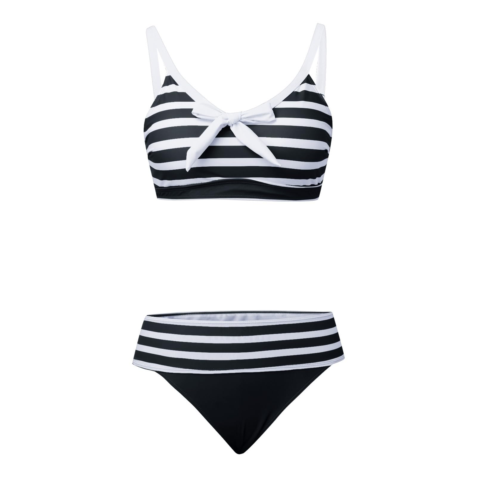Costume da bagno da donna tankini due pezzi costume da bagno con fiocco per spiaggia estate vacanza stampa a righe, nero, 4XL