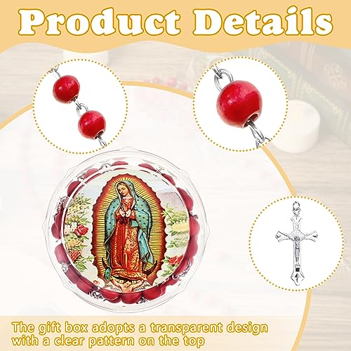 48 Pcs Virgen De Guadalupe Scented Red Rosary Necklace Our Lady of Guadalupe Party Favor Catholic Gifts with Gift Box Rosary Beads Necklace Carved for Funeral Baptism First Communion Party3