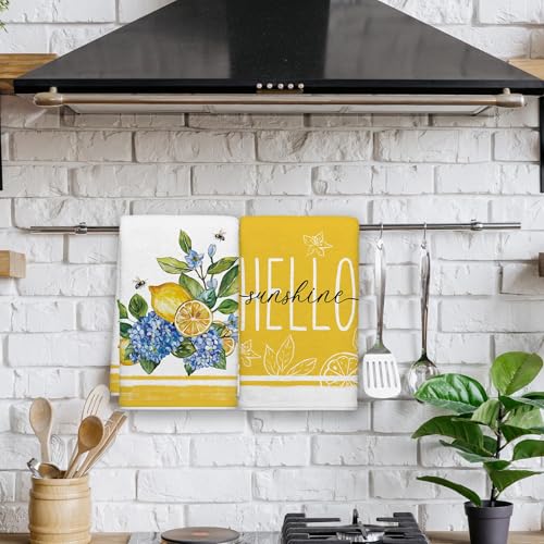Image of Summer Hydrangeas Lemons Kitchen Towels, Hello Sunshine Dish Towels Set of 2, Blue Amalfi Coas Farmhouse 18 x 26 Inch Hand Towel Quick Drying Dishcloth Decor for Kitchen Bathroom Home
