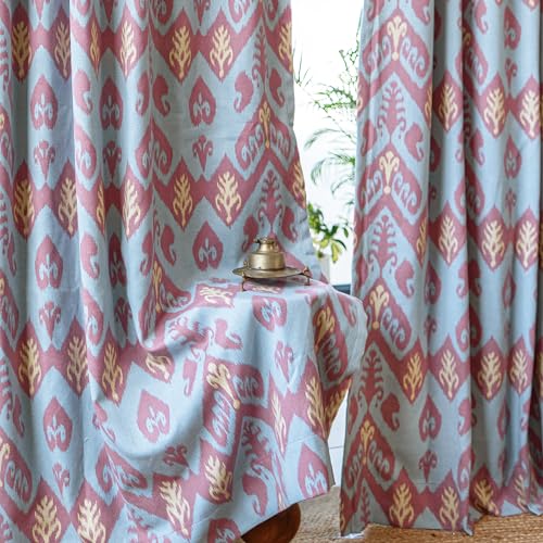 Image of Tranquebar Curtain Co. 100% Blackout Curtains, Complete Darkening Lining (Polyester), Blue-Pink Chevron Print, Cotton Blackout Curtains 5 Feet for Window, BackTabs, Ikat (152 cm) - Set of 2