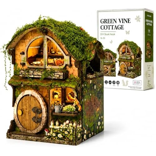 DIY Miniature House Kit, Fairy-Tale Forest Cottage Book Nook Kits, 3D Wooden Puzzles with Interactive Door & Warm Light, Tiny House Building Kit Home Decor Gift for Adults Craft Lovers
