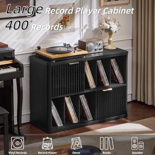 Image of LEYAOYAO Large Record Player Stand with Vinyl Storage Up to 450 Albums, Wood Fluted Boho Record Storage Accent Cabinet, Modern Stereo Media Cabinets, Wide Turntable Stand for Living Room, Black Oak