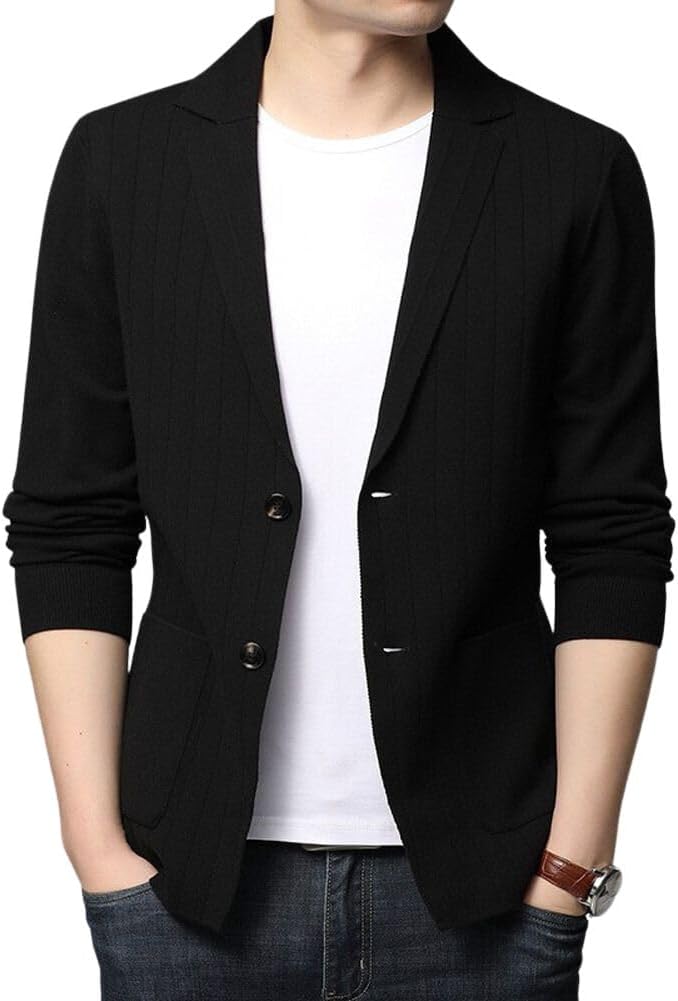 chouyatou Men's Notched Lapel Business Casual Knit Blazer Sweater Cardigan Jacket Sport Coat