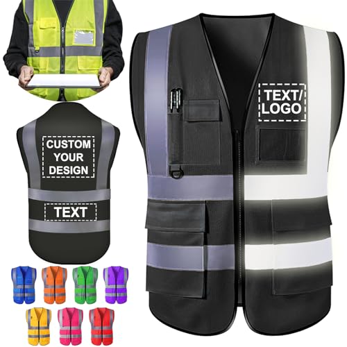 ShAxzHen Chaleco de seguridad personalizado para hombre y mujer con bolsillos con logotipo Ropa de trabajo protectora de alta visibilidad personalizada con tiras reflectantes, Negro, L