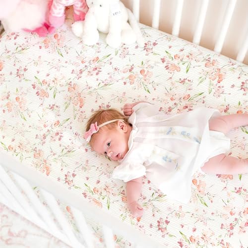 Image of GRSSDER 100% Cotton Muslin Crib Sheet 2 Pack - Breathable & Ultra-Soft Fitted Crib Sheets for Standard Baby & Toddler Mattresses, 52 inchx28 inch with 9 inch Deep Pocket, Snug Fit All-Around Elastic, Pink Floral