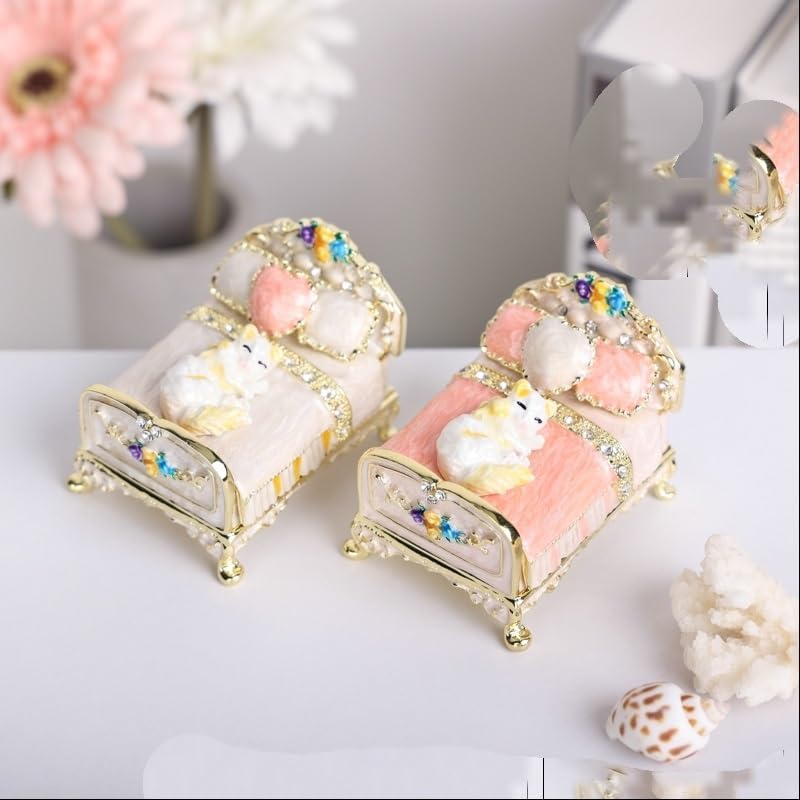 HUFFA Hand-Painted Cat On The Bed Enamel Trinket Box - Decorative Jewelry Storage Box(White)