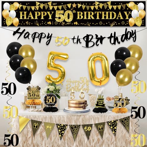 Image of 50th Birthday Decorations for Men, Black Gold 50th Party Decoration Kits | 27pcs Happy 50th Birthday Set, Banner, Honeycomb, Balloons, Gold Number, Candle, Hanging Swirls, Cake Topper, Party Supplies