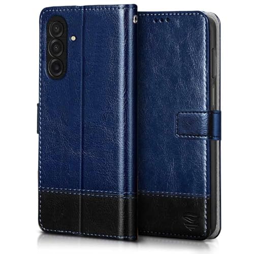 Image of FLIPPED Vegan Leather Flip Case Back Cover for Samsung Galaxy M17 5G | A17 5G | F17 5G (Flexible, Shock Proof | Hand Stitched Leather Finish | Card Pockets Wallet & Stand | Blue with Black)