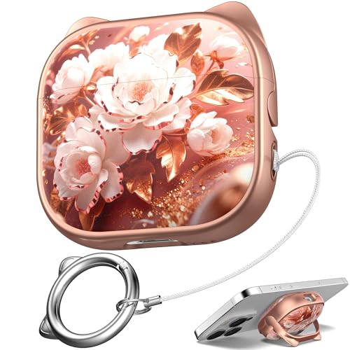Image of for AirPods 4 Case with Cleaning Kit, Cute Cat Ear Print Design & Cute Buckle, Inverted Phone Holder Design, Top Safe Lock Buckle Design, for Girls AirPods 4 case 2024, Rose Gold Peony