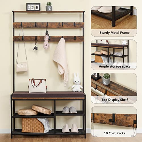 Usikey Tall Coat Rack, Hall Tree With Shoe Bench & Soft Cushion, 10 Hooks, Entryway Storage Bench With Coat Rack, 3-In-1 Design, Industrial Style, Metal Frame, Rustic Brown #TOP3