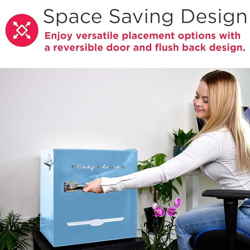 Frigidaire EFR176 Retro Compact Fridge with Chiller Mini Refrigerator with Built-in Bottle Opener for Office, Bedroom, Dorm Room or Cabin, 1.6 cu ft 16" D x 18" W x 18.5" H, Blue on Fridge.com