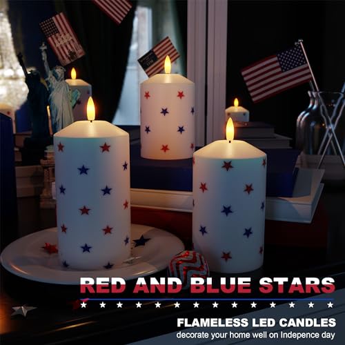 Image of Patriotic Red White and Blue Star Candles, Real Wax 4th of July Led Candles, Flickering Flameless Candles with Remote, Memorial Day Flameless Pillar Candles for Patriotic Holiday Decor