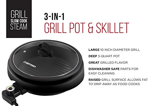 Chefman 3-In-1 Electric Indoor Grill Pot & Skillet, Slow Cook, Steam, Simmer, Stir Fry, 10-Inch Nonstick Raised Line Griddle Pan, Temperature Control, Tempered Glass Lid, 3-Quart, Black-Round #TOP1