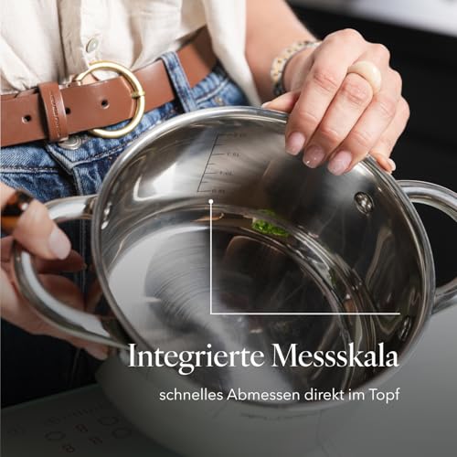 FLORINA Edelstahl Topf 1,9 l 16 cm Durchmesser I Energiesparender Kochtopf FALCON I Topf mit Glasdeckel und Messskala I 3-lagiger Boden gleichmäßige Wärmeverteilung I Ideal für alle Herdarten 6