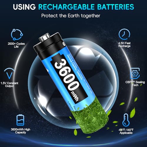 Artman Rechargeable Lithium AA Batteries 12 Pack with 12-Slot Charger, 3600mWh 1.5V High Power AA Lithium Batteries for Blink Outdoor Camera, Rechargeable Double A Battery with 2000+ Cycles (Blue)
