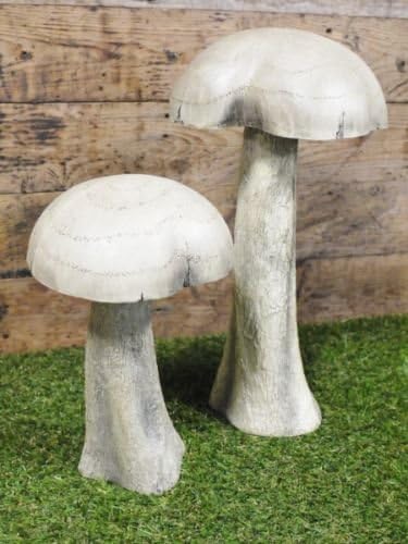 S/2 New Wooden Fairy Mushroom Toadstool Garden Ornament Sculpture Large 26/36cm