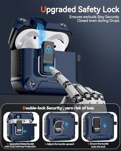Image of Dual Safety Lock for AirPods 4 Case 2024, Compatible with MagSafe - Designed with Automatic Switch and Phone Stand, Includes a Cleaner & Keychain - Rugged Tough Hard Shell for Apple AirPods 4