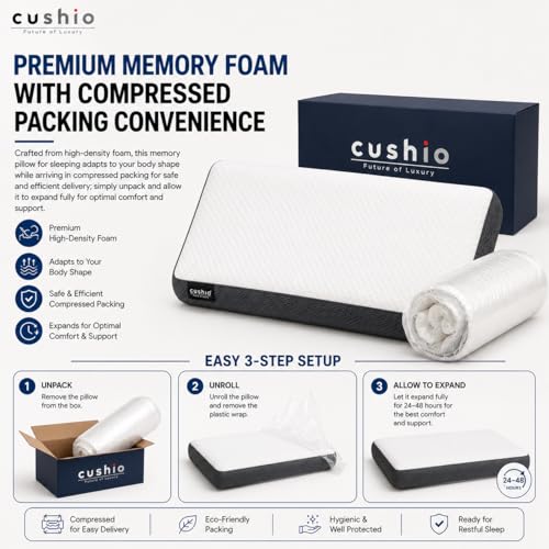 Image of CUSHIO Memory Foam Pillow for Neck Pain and Shoulder Pain, Cervical Orthopedic Pillow 21x13x3 Inch, Ergonomic Memory Foam Neck Support Pillow, Ortho Pillow for Sleeping (Set of 1) White & Grey