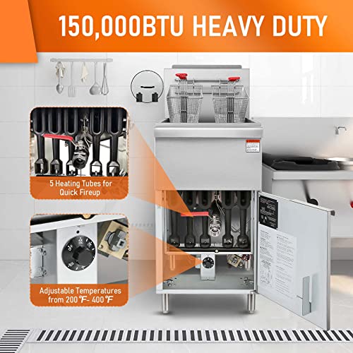 Hoccot Commercial Deep Fryer With 2 Baskets, 5 Tube Gas Floor Fryer In Stainless Steel, 80 Lb Capacity 150,000 Btu Deep Fryer For Restaurant Kitchen Food Truck, 200℉-400℉ Adjustable Temp Range #TOP4