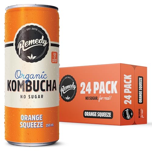 Remedy Kombucha Orange Squeeze - No Sugar Sparkling Live Cultured Tea Drink - Sugar Free, Natural and Organic - 250 mL Multipack Cans (24-Pack)