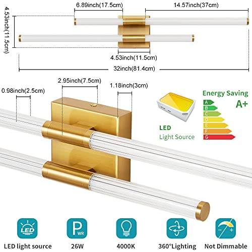 Nadosa Gold Bathroom Vanity Light Fixtures, 32 Inch 26W 4000K Led Brass Wall Sconce Over Mirror - Vanity Lights For Bathroom Bar Living Room(Gold, 32 Inch) #TOP1