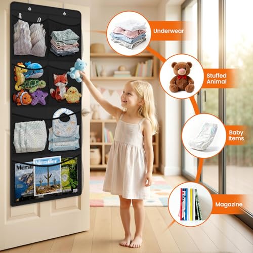 SpaceHacks Stuffed Animal Storage - Large Over the Door Organizer with 6 Expandable Mesh Pockets & Metal Hooks, Non-Woven Fabric Hanging Plush Items Holder for Nursery, Bedroom, Playroom (Black) — view 5
