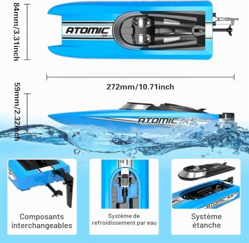 VOLANTEXRC Bateaux télécommandés pour piscine et lac – Bateau RC haute vitesse de 20 + MPH pour enfants ou adultes – Jouet cadeau avec 2 piles et fonction inverse (Atomic XS 795-5 bleu) – vue 6