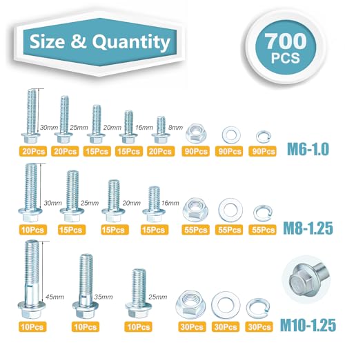 Image of Kadrick 700Pcs Grade 8.8 Metric Bolt Assortment, M6 M8 M10 Flange Hex Heavy Duty Bolts and Nuts Kit,M6 x1.0 M8 x1.25 M10-1.25 (12mm to 45mm),Eco-Friendly Zinc Plated