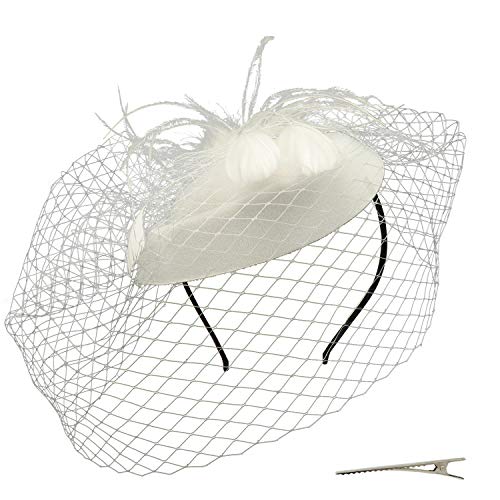 Umeepar Sombrero de tocado para mujer, diadema con velo de Kentucky Derby para fiesta de té, diadema con velo, Pluma - Blanco, Talla única