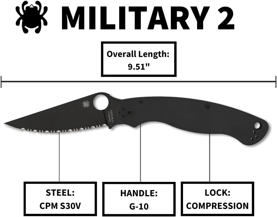 Spyderco Military 2 Folding Pocket Knife with 4" CPM S30V and G-10 Handle - EDC Knife for Men and Women, Perfect for Hunting, Tactical, Camping, Survival, Hiking - SpyderEdge - C36GSBK2