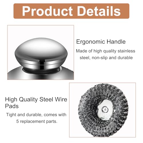 Image of Stainless Steel Wool Scrubber with Handle, 5 Replacement Steel Scrubber Wool Pads,Stainless Steel Scrubber for Scouring Stubborn Messes from Cast Iron, Pots, Pans, Grill, Stoves, Sink (Dark Gray)