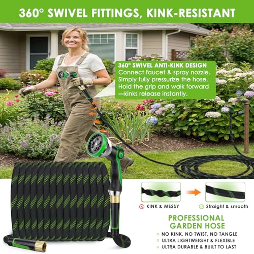 HORTICORA Garden Hose 25 ft, Non-Expandable Ultra-Lightweight Flexible Hose with 360° Dual-End Anti-Kink Design, 10-Pattern Spray Nozzle, 500 PSI Leak-Proof, 96-Strand Braided Fabric, Storage Strap by HORTICORA - Used condition - Image 3