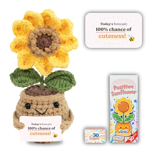Image of Emotional Support Crochet Sunflower Doll - Handmade Plush Flower with 30 Uplifting Affirmation Cards - Encouragement Gift for Women, Anxiety Relief, Self-Care, Birthday or Thank You Gifts