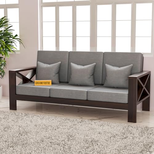 Image of Sheesham Wooden 3 Seater Sofa for Living Room | Rosewood 3 Seater Cushion Sofa X-Legs | Solid Wood Sofa Set for Lounge (3 Seater,Walnut Finish)