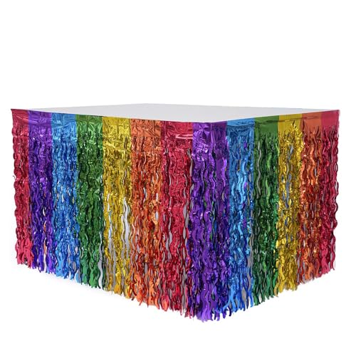 LannuMet 2pcs Rainbow Disposable Table Skirts,Wavy Metallic Tinsel Foil Fringe Table Skirts,Party Decorations Fiesta Party Decorations for Birthday Wedding Engagement Baby Shower Party,29.5x108 Inch