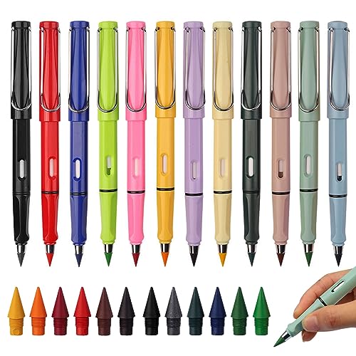 KAYEF Juego de 12 lápices perpetuos, lápices permanentes sin tinta, lápices de grafito intercambiables, lápices mágicos, juego de lápices multicolores, aspecto exquisito.