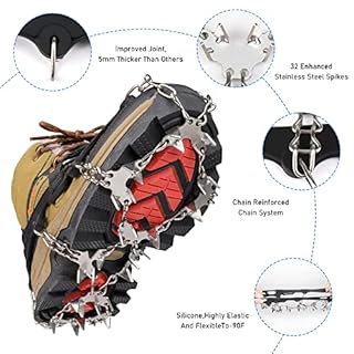 BLUEVER Ramponi per Scarponi,32 Denti Catene in Acciaio Inossidabile Picchi da Neve Ramponi con Tacchetti da Ghiaccio Trekking Portatile Escursionismo Campeggio Alpinismo Inverno