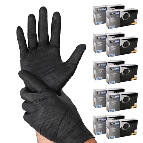 FRANZ MENSCH HygoStar Nitrilhandschuhe Diamond Grip | puderfrei, schwarz, Größe 10/XL, 24cm, Karton, 500 Stück, Grip Diamanttextur, extra stark/dick, latexfrei