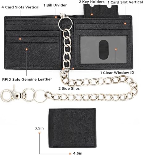 J T C JUZAR TAPAL COLLECTION Genuine Leather Bifold Wallet for Men RFID Blocking, ID Window, Card Slots, 20" Biker Chain (J520BF, Black)2