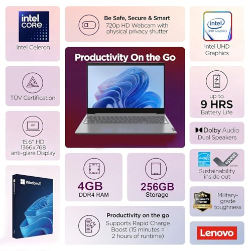 Image of Lenovo V15 • 15.6 inch Anti-Glare Display • Intel Processor • 256GB SSD • WiFi 6 • HD Camera • Dolby Audio • Copilot AI • Windows 11