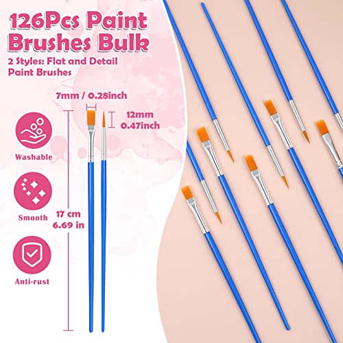 126 Pcs Small Paint Brushes Bulk, Flat and Round Pointed Paint Brushes Set for Kids Craft Brushes for Classroom Acrylic Oil Watercolor Canvas Face Painting by Evatage - Image 3