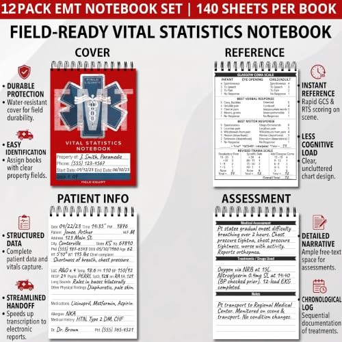 Image of Field Equipt EMT Vital Statistics Notepad - Vitals Notebook For First Responder Note Pad, Medical Paramedic Gear And Supplies. Perfect EMS /EMT Gifts (12 Pack, Not Waterproof)